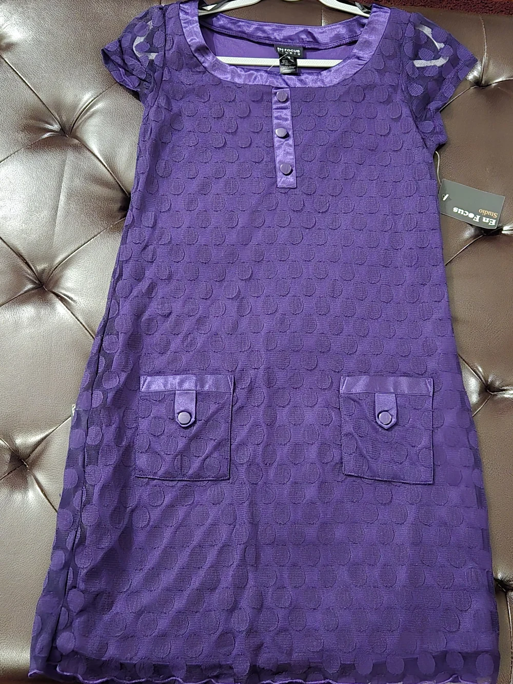 Faded Glory Purple Dot-Texture Short Sleeve Pocket Dress